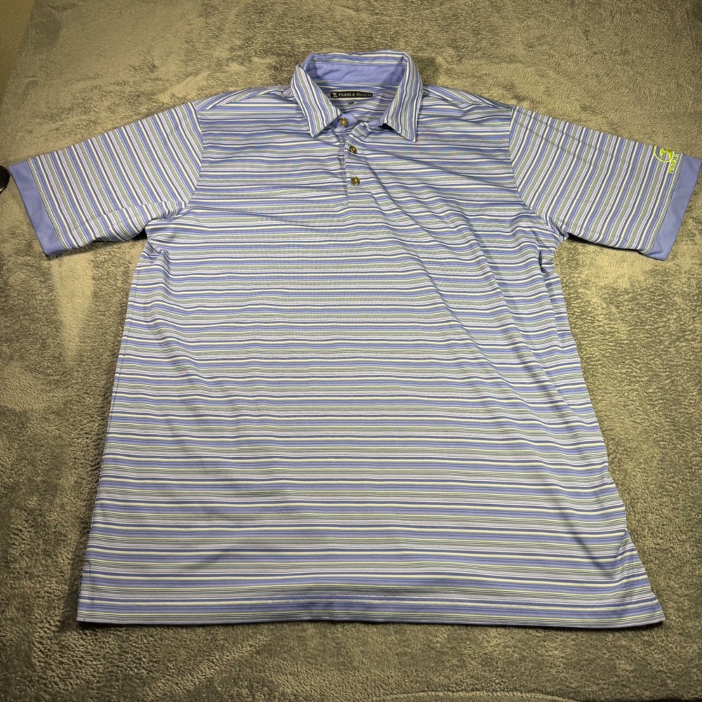 Pebble Beach Mens XL Dry-Luxe Performance Golf Polo Shirt Blue Striped Short Slv